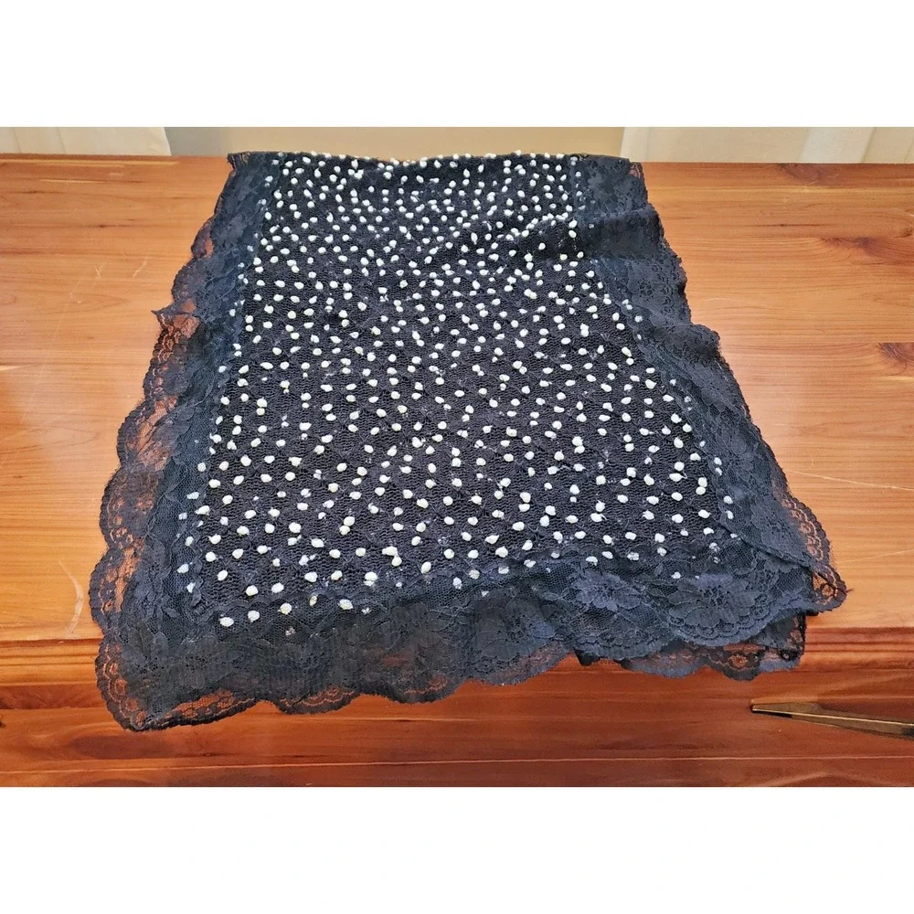 Black & White Lightweight Boucle Scarf with Lace Trim Size 78